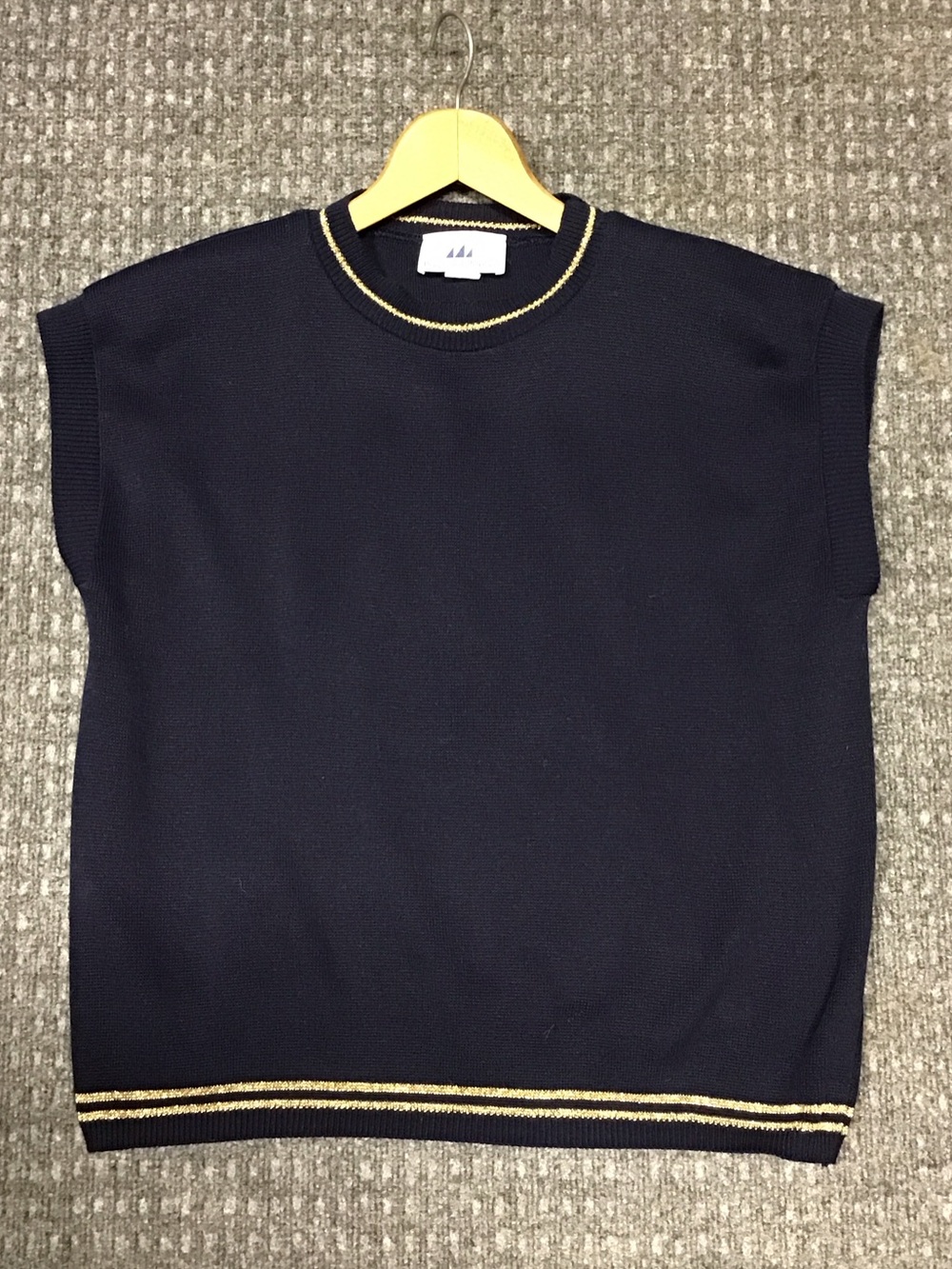 Vintage-Navy Crewneck Knit Sweater Vest with Gold Trim - Women's